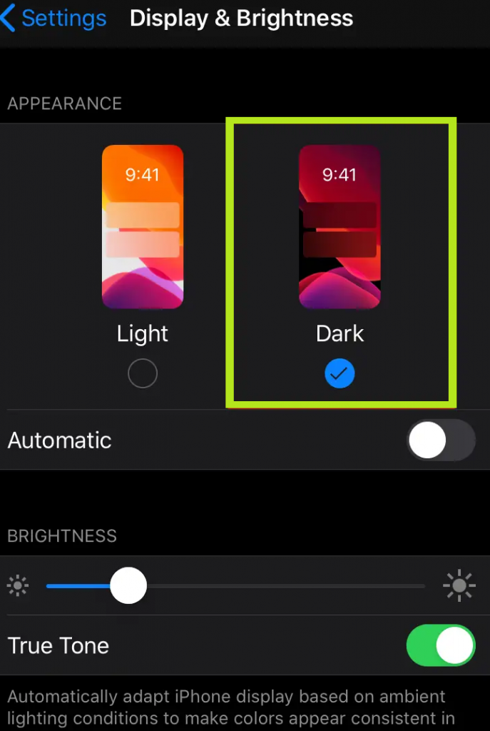 enable dark mode in iphone setting