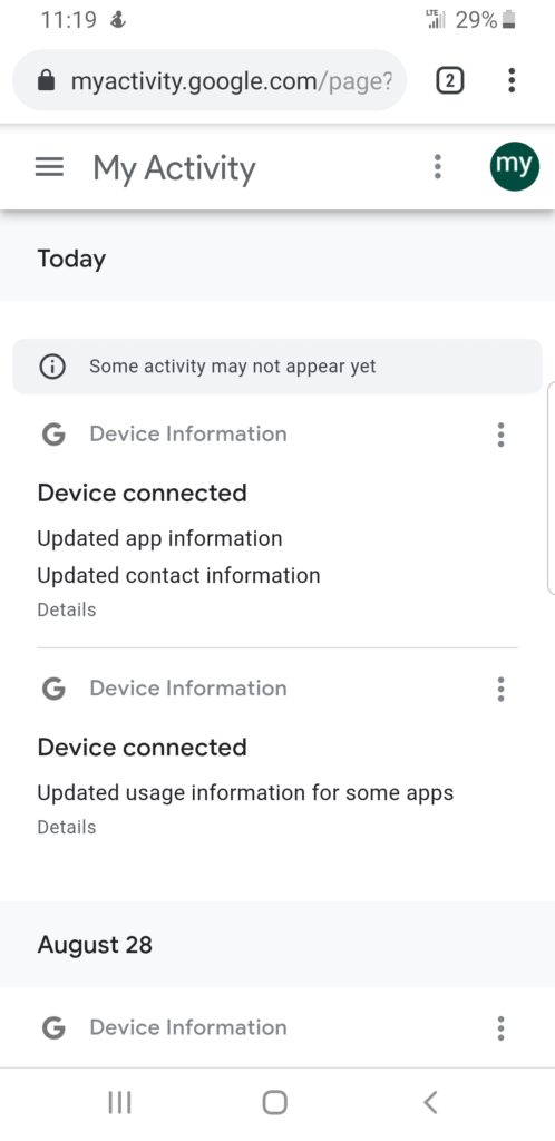 My Activity section on your Google account