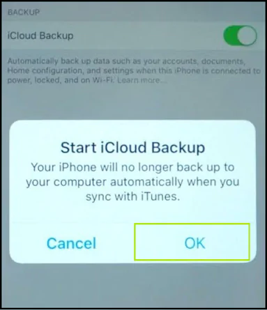 click ok for iCloud Backup