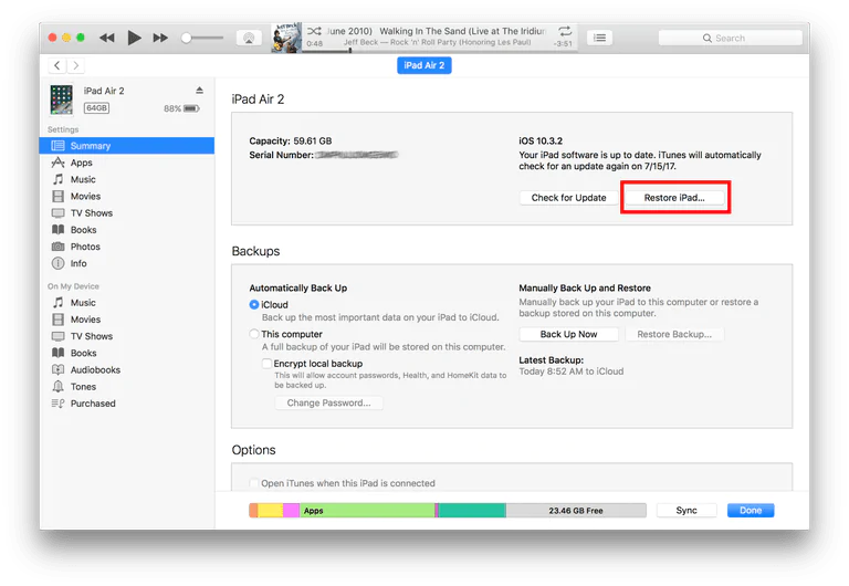 reset the iPad by using iTunes