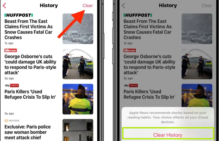tap on Clear in History in apple news
