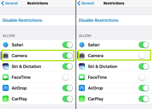 Disable Camera app in iphone settings
