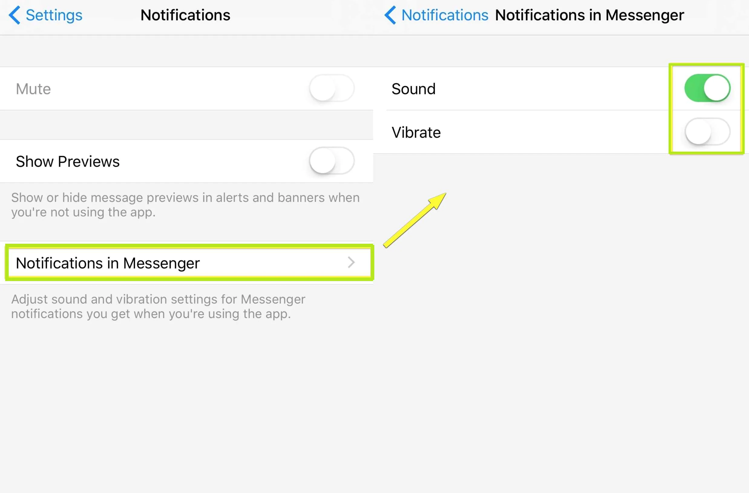 settings of the Messenger app in iphone