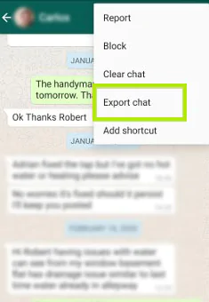 Export Chat option on WhatsApp