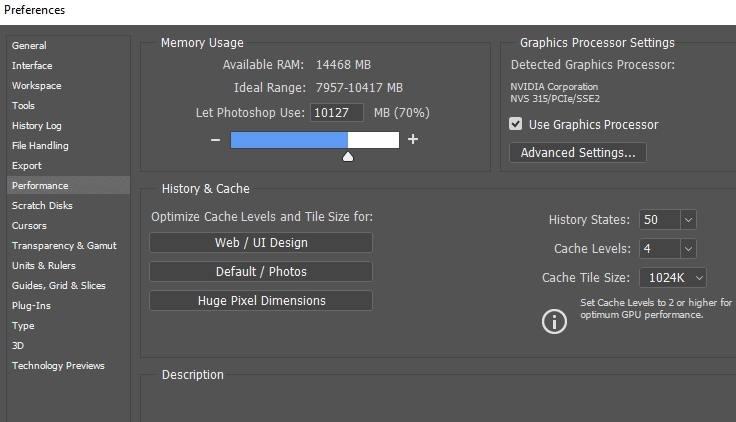 choose the Storage tab in photoshop