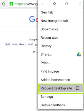 Choose Desktop Site from the menu on google chrome